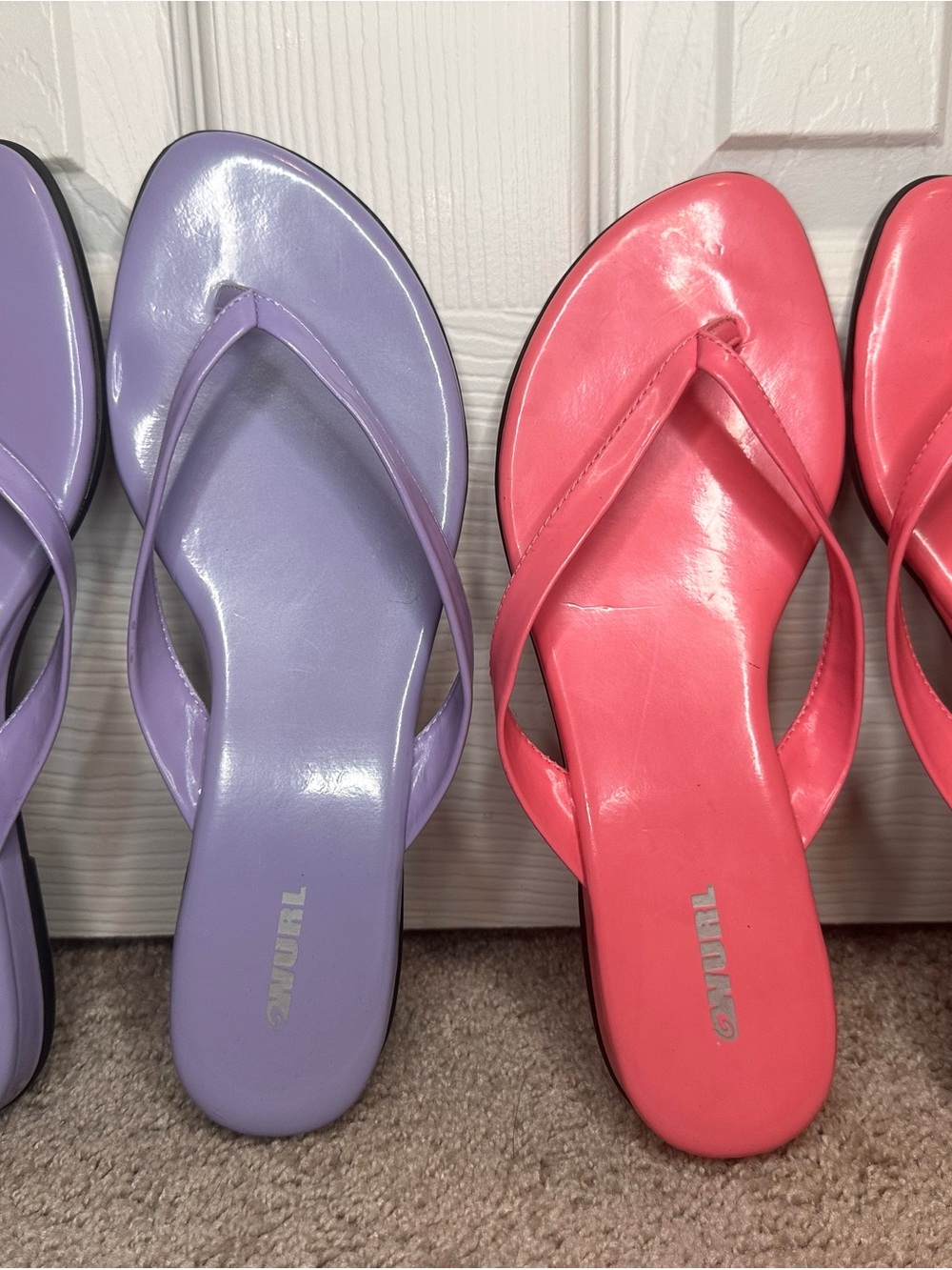 Wurl Glossy Flip Flop Sandals in Lavender and Coral Pink